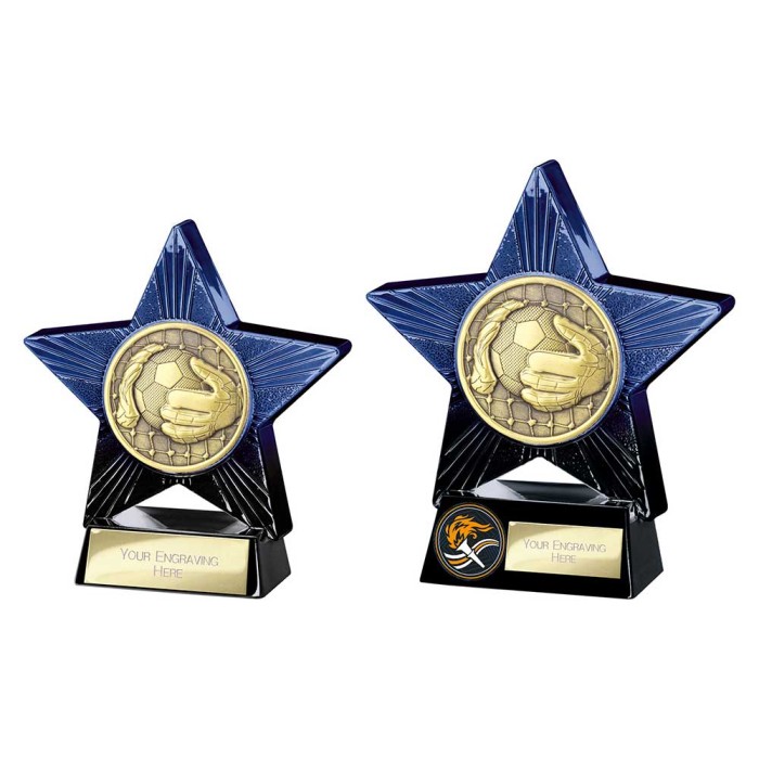 SUPERSTAR BLUE FOOTBALL GOALKEEPER RESIN TROPHY - 2 SIZES - 11CM & 14CM